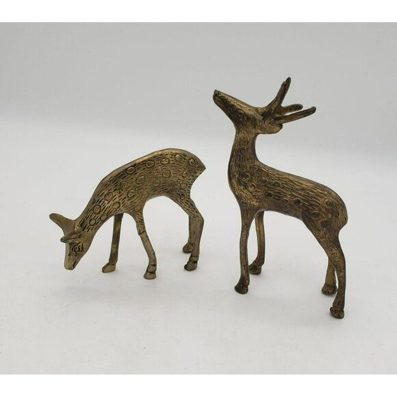 Vintage Solid Brass Deer Figurines Set Of 2 Grazing 4.5" Standing 6.5" Christmas - Picture 1 of 7